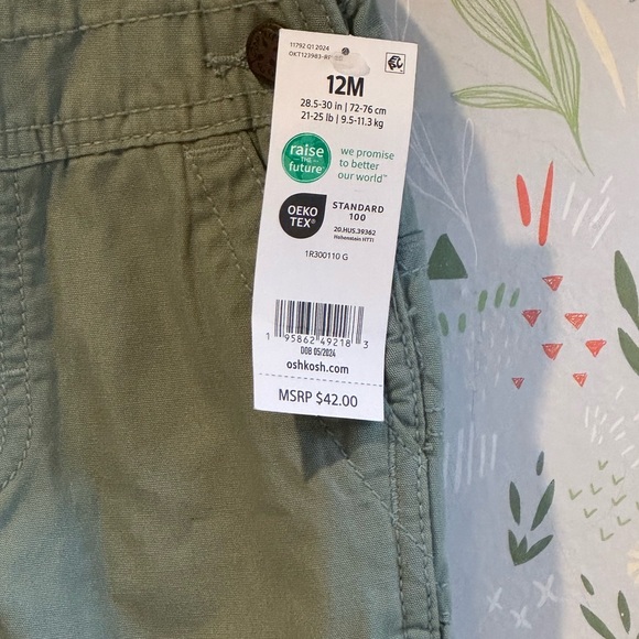 NWT OshKosh B’gosh Green Plaid Overalls Flannel Cuff Classic 90s style 12 Months - Picture 3 of 8